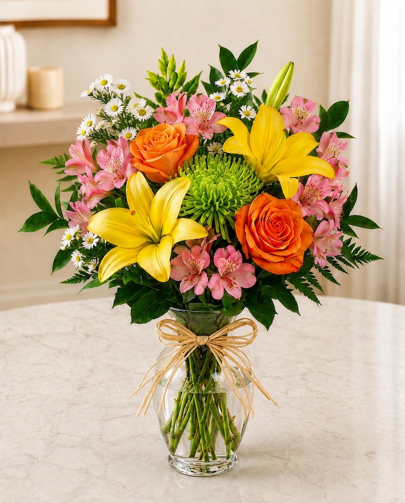 Yellow lilies and orange roses in a clear glass vase.